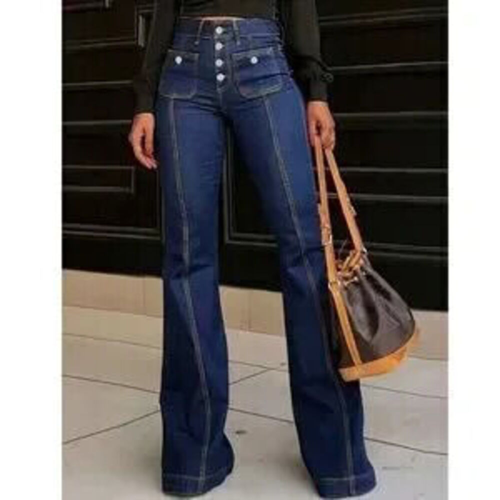 Dark Wash High waisted Button Fly Flared Leg Denim Jeans Pants - Picture 1 of 5